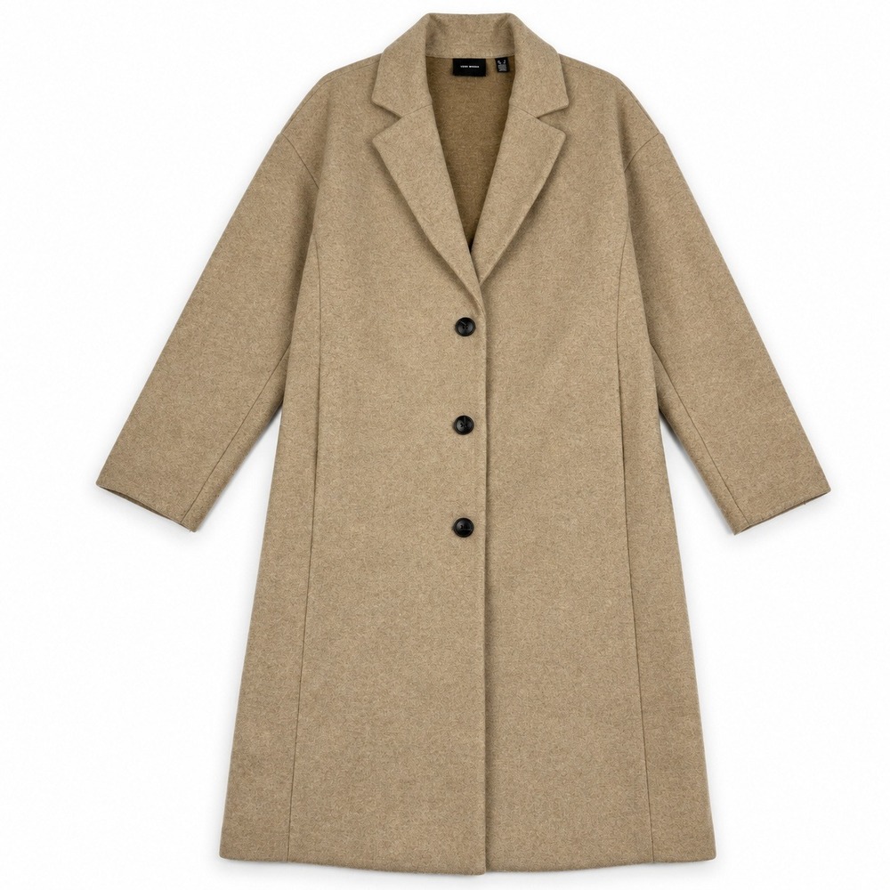 Vero Moda Long Coat Women Size S Tan Beige 3 Button Notched Lapel Lined Pocket